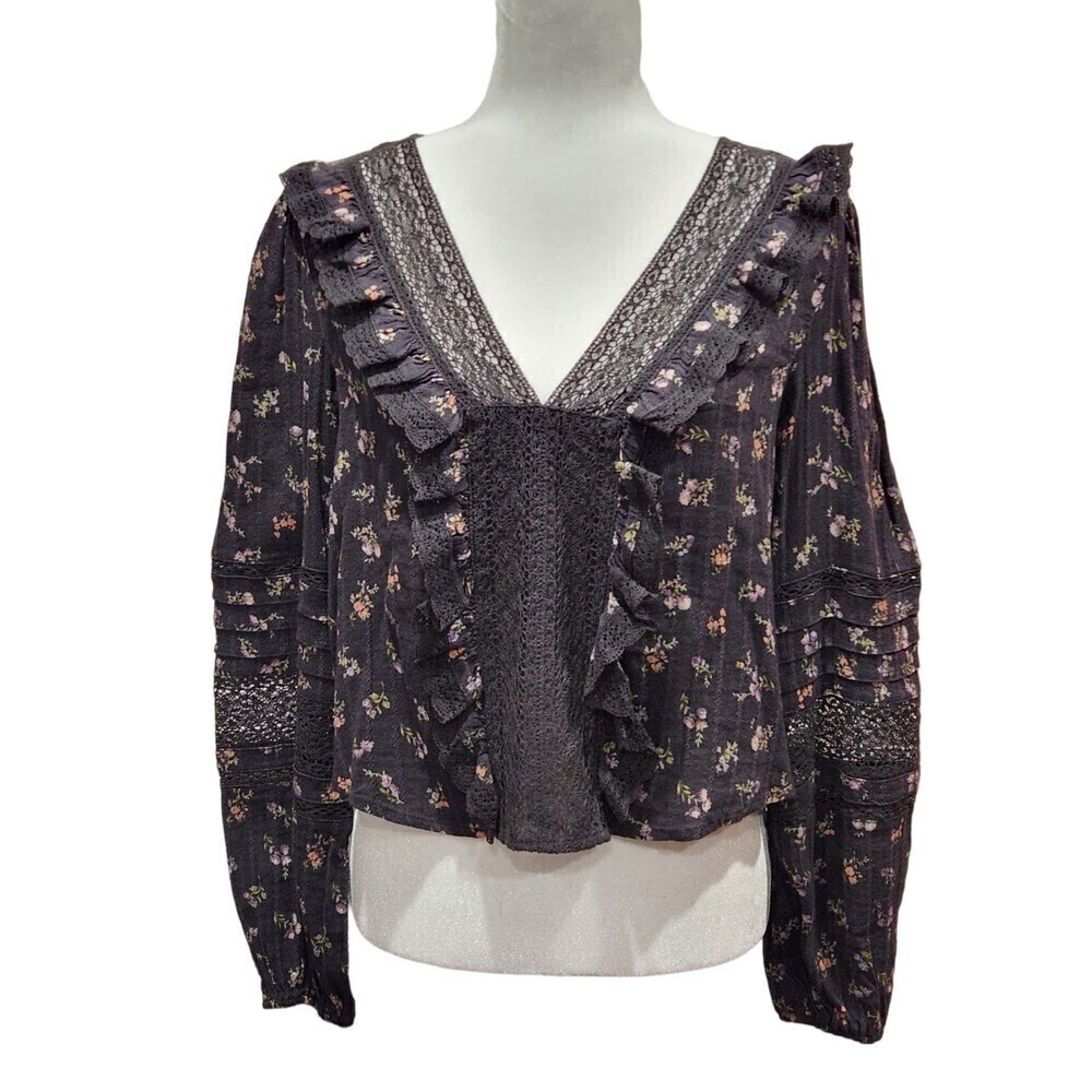 Nwot American Eagle Black Floral Crochet Lace Boho Cropped V Neck Blouse Top, S